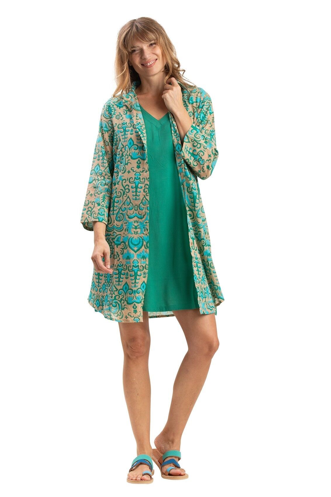 Abito dritto Cactus Green, scollo a V, senza maniche, tasche, viscosa, SMLXL