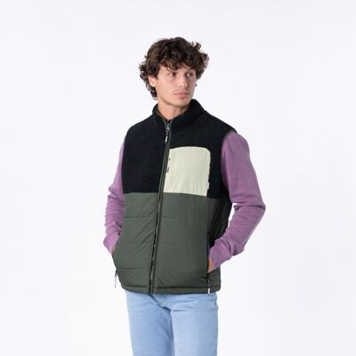 Black and green sleeveless two-material sherpa jacket
