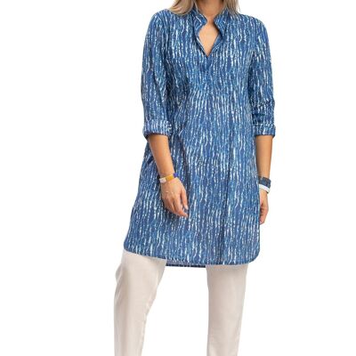 Túnica larga "Ocean navy", cuello abierto, 1 bolsillo en el pecho, espalda larga, algodón