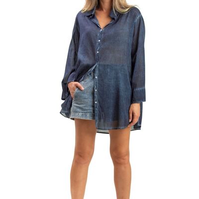 Camisa azul marino lavada de corte holgado, botones, mangas largas y anchas, algodón SMLXL