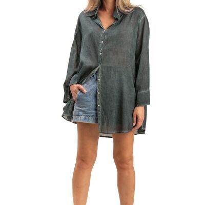 Camisa holgada de color gris lavado, botones, mangas largas y anchas, algodón SMLXL