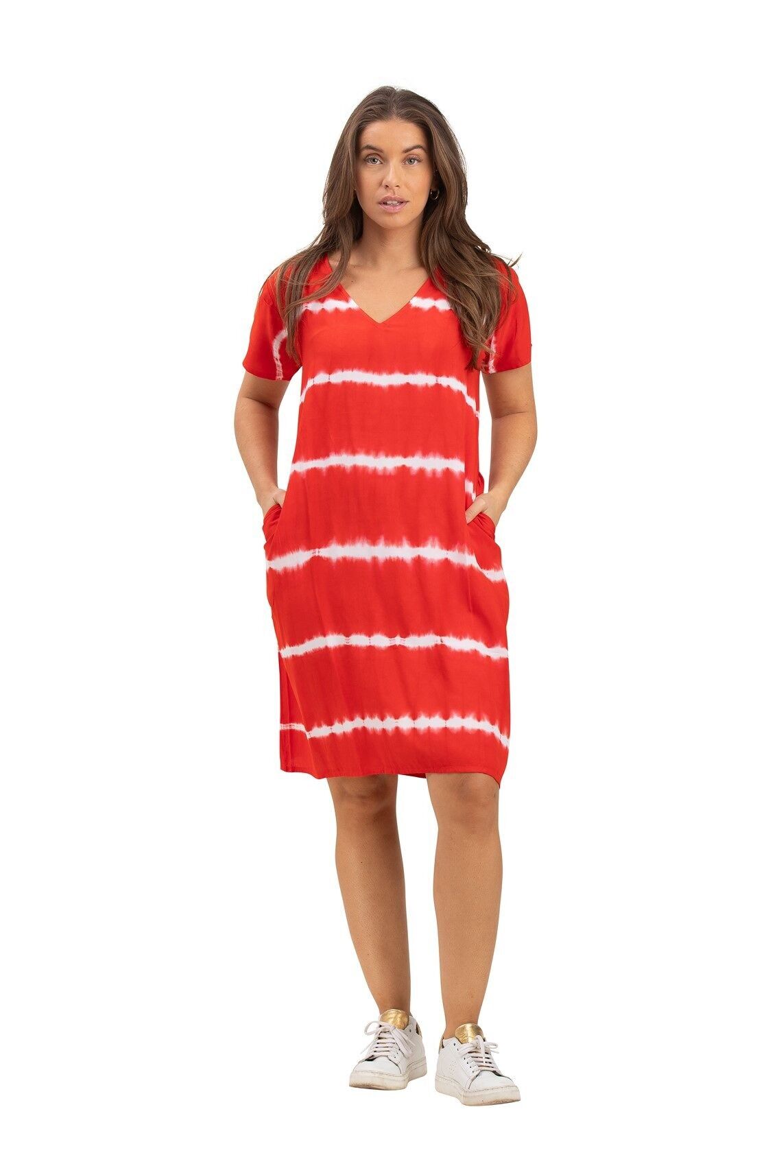 Robe courte "Tie and Dye Rouge pimenté", mc, col v, 2 poches, viscose, SMLXL