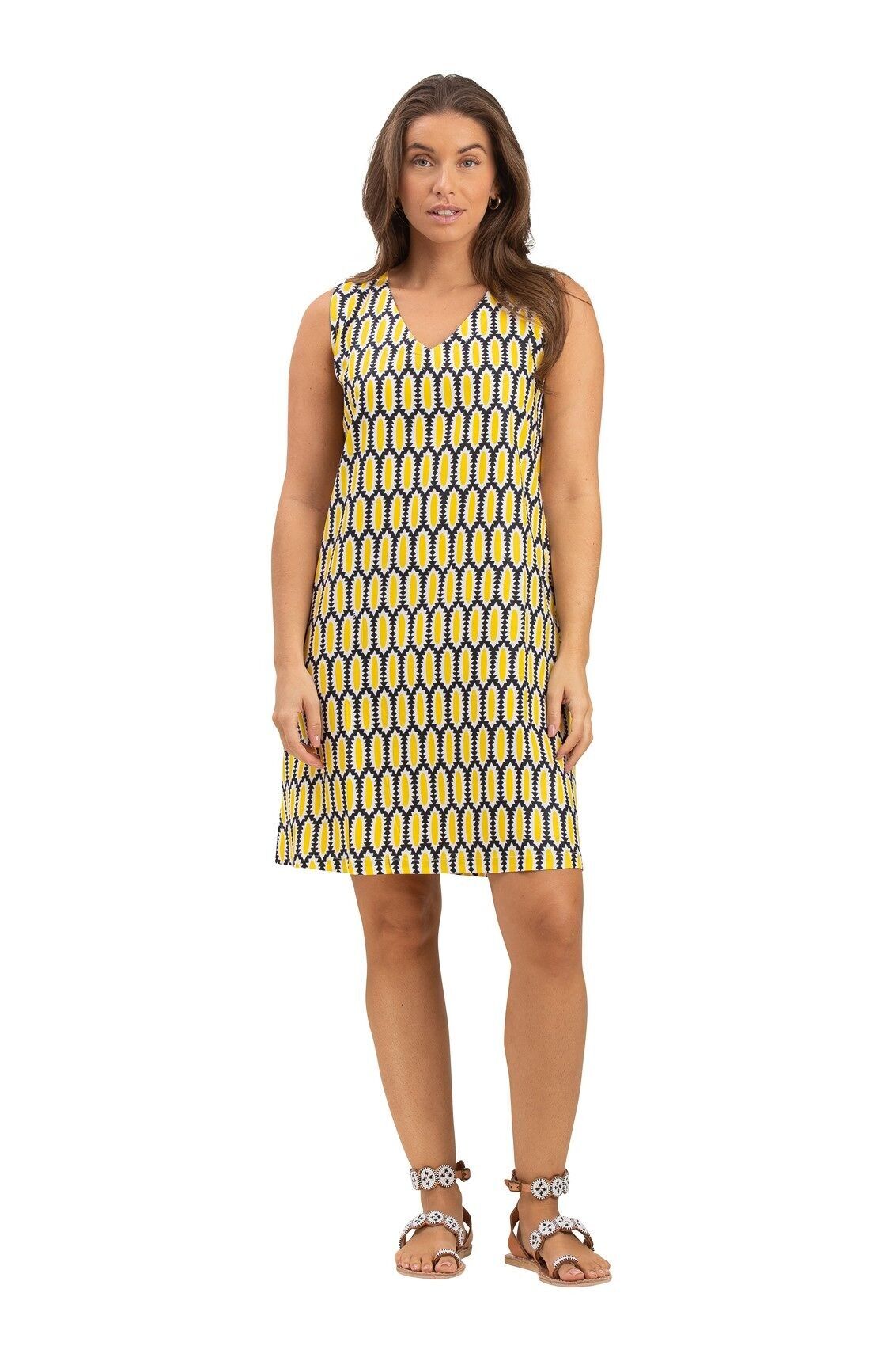 Abito dritto "Hacienda Soleil de Cancun" scollo a V, senza maniche, 2 tasche, viscosa, SMLXL