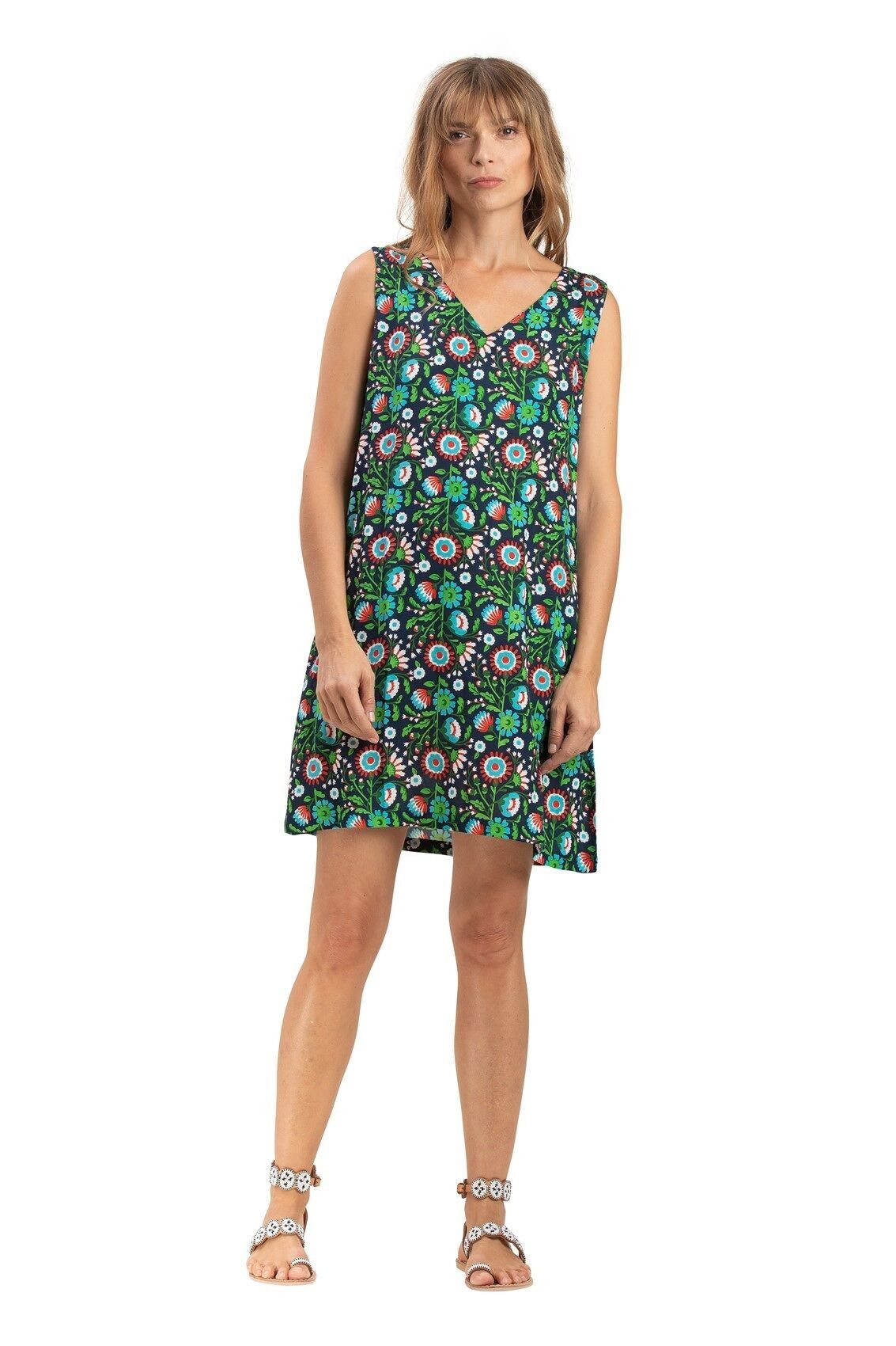 Robe droite "Janet Navy Acapulco" col V, sans manches, 2 poches, viscose, SMLXL