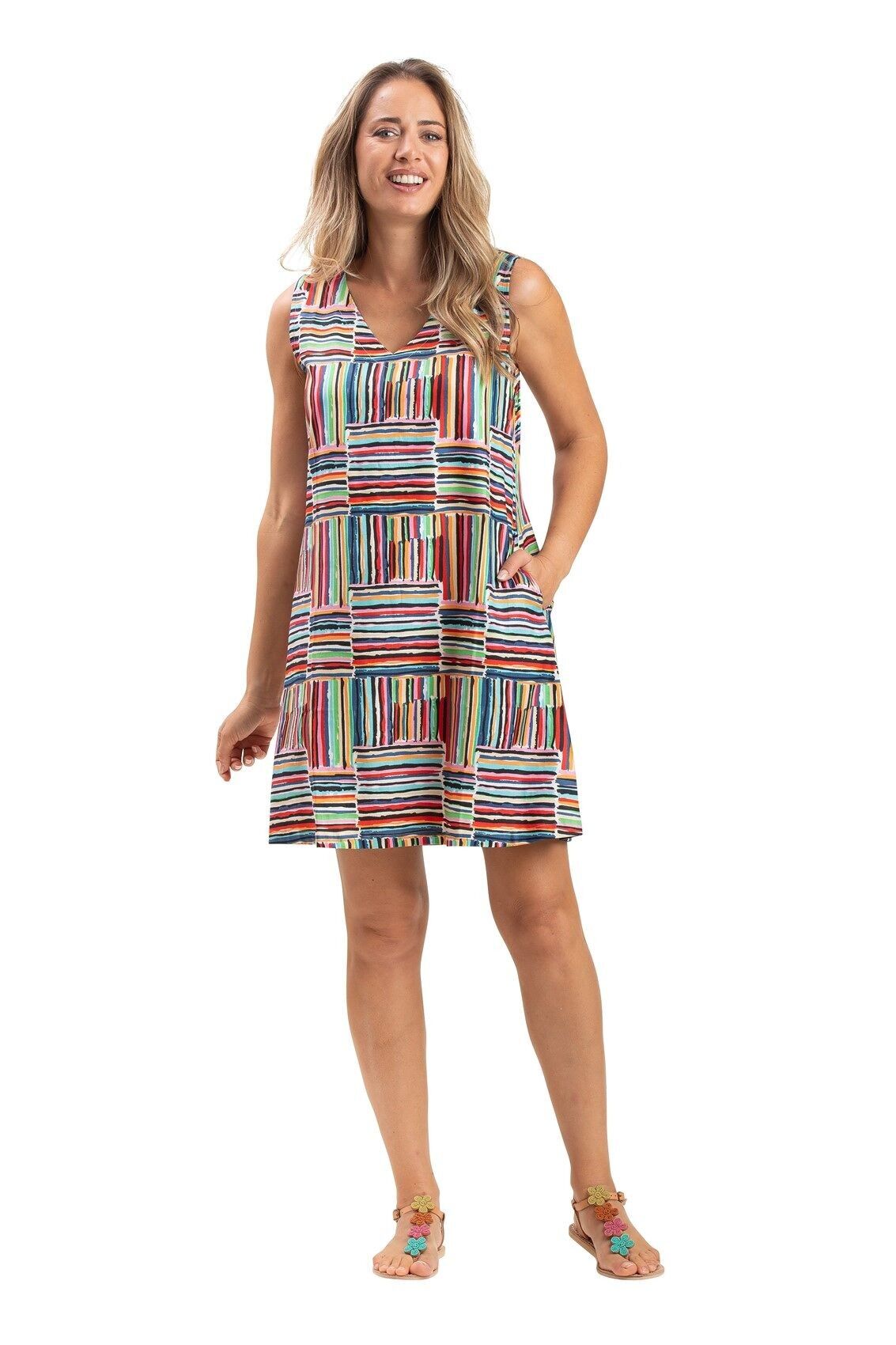 Abito dritto "Strokers" scollo a V, senza maniche, 2 tasche, viscosa, SMLXL