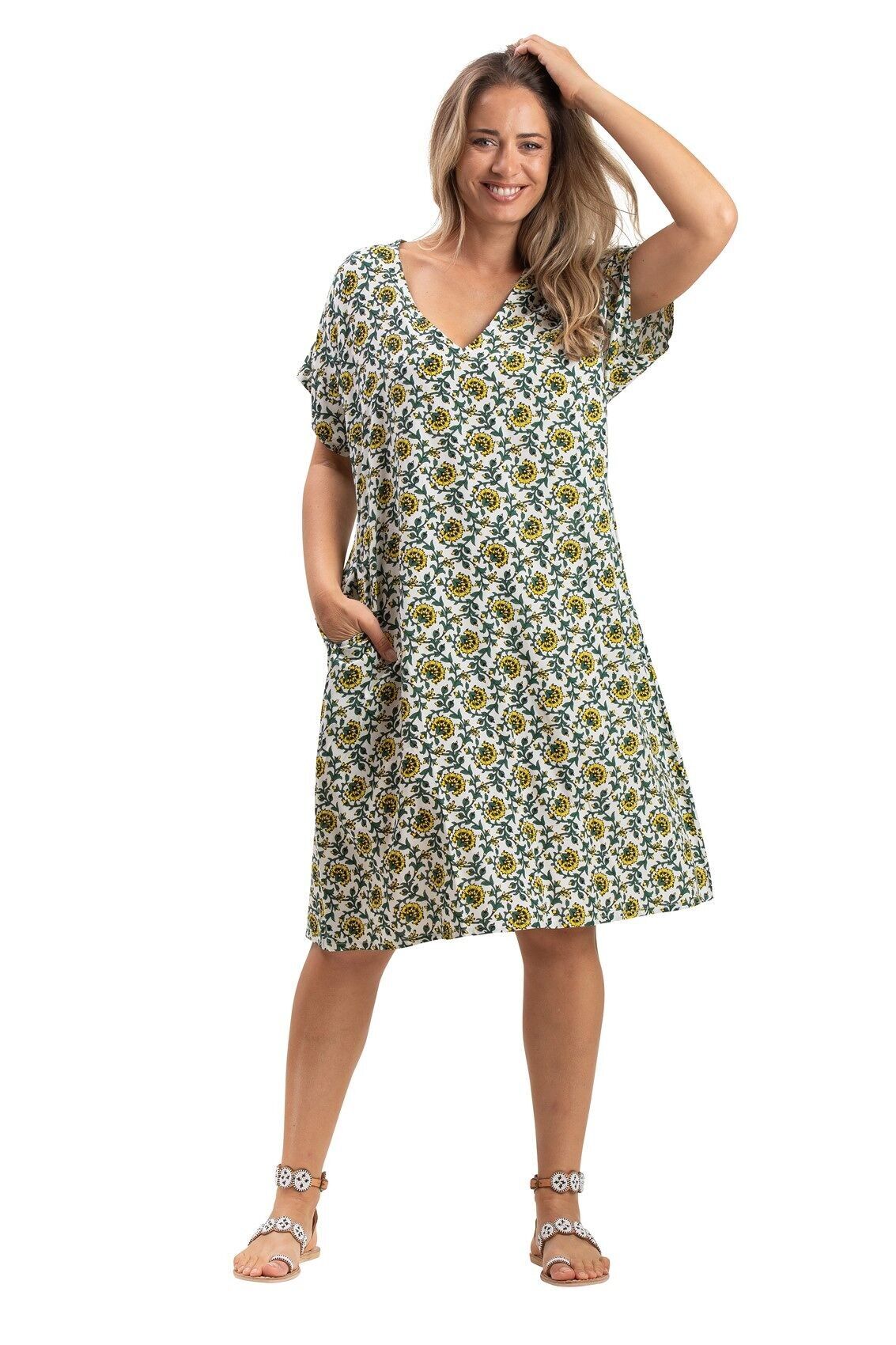 Robe ample mi-L "Pissenlit Blanc Mexico"col v,mc,viscose (SMLXL)