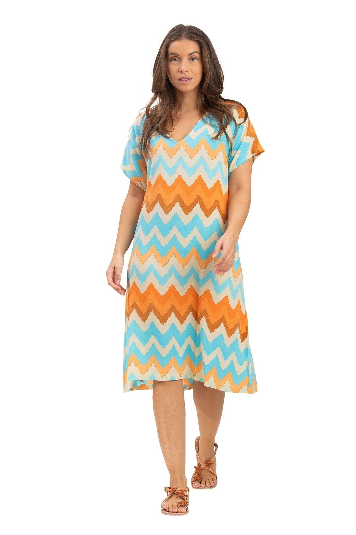 Robe ample mi-longue"ZigZag"col v,manches courtes,viscose (SMLXL)