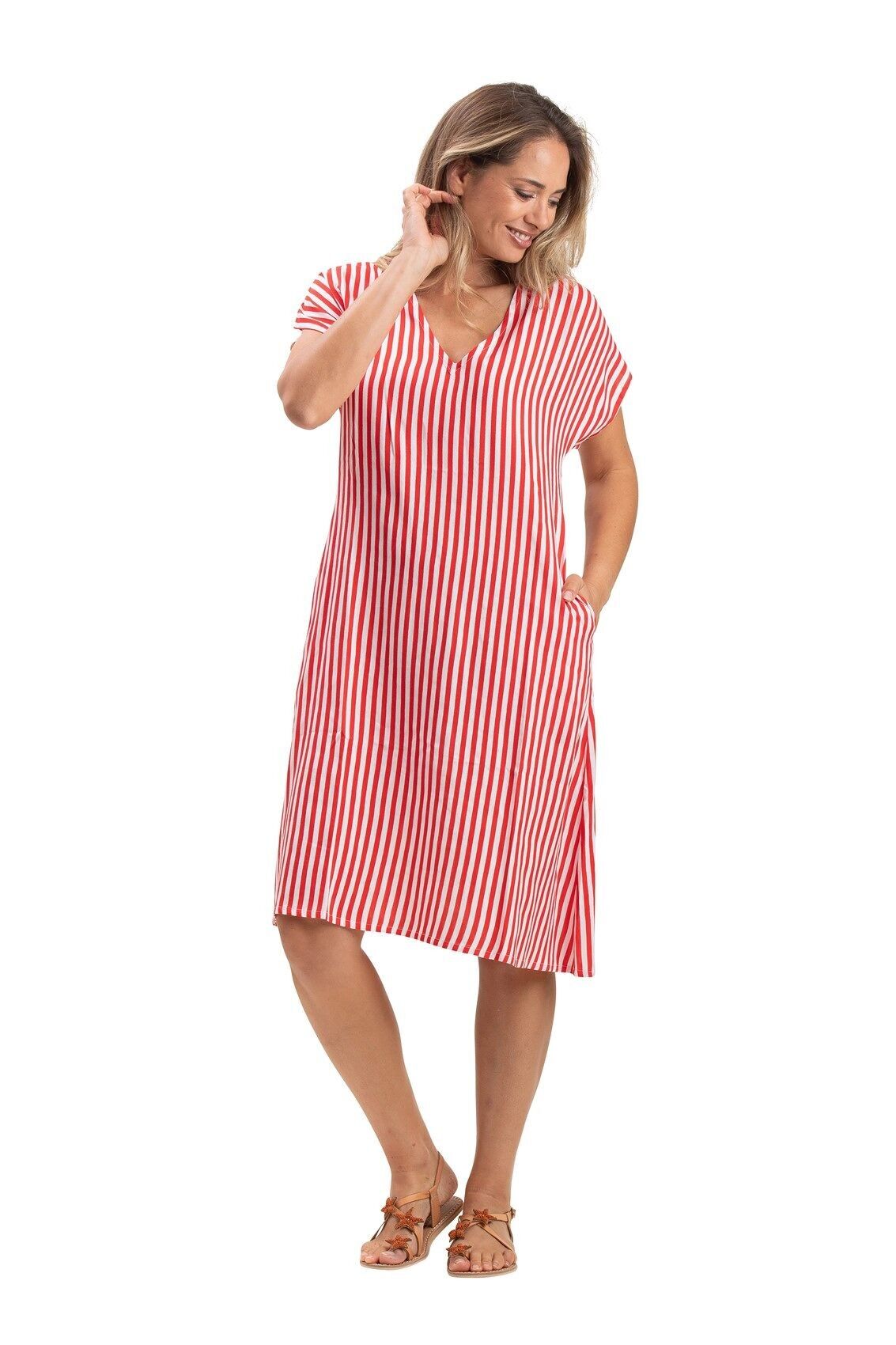 Abito lungo e ampio "Spicy Red Stripes" scollo a V, mc, viscosa (SMLXL)