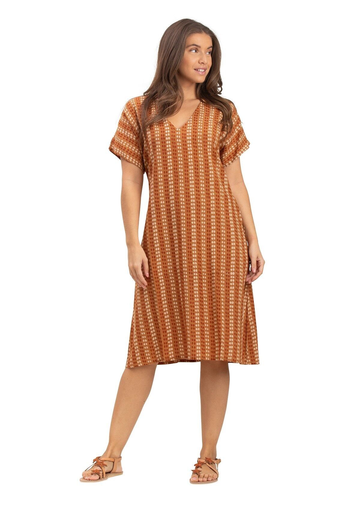 Robe ample mi-longue "Pois Marron pécan"col v,mc,viscose (SMLXL)