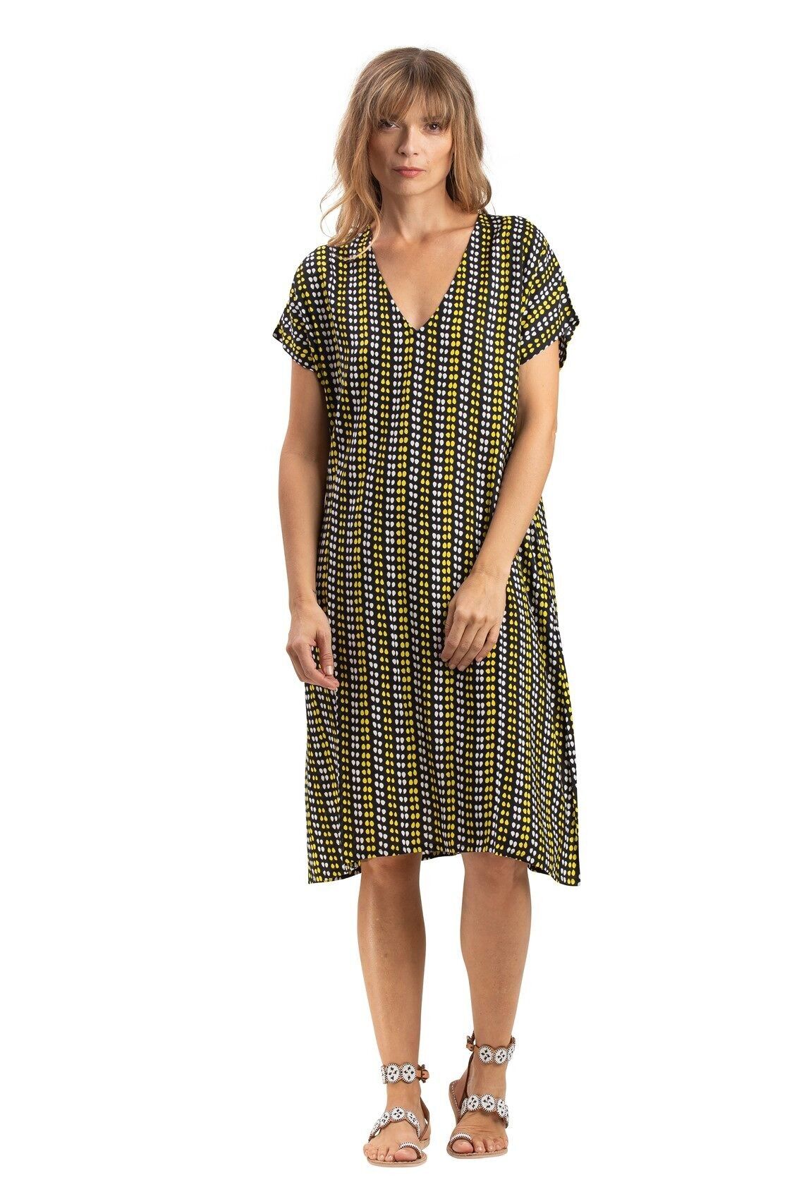 Abito ampio "Black Polka Dot" taglia media, scollo a V, maniche corte, viscosa (SMLXL)