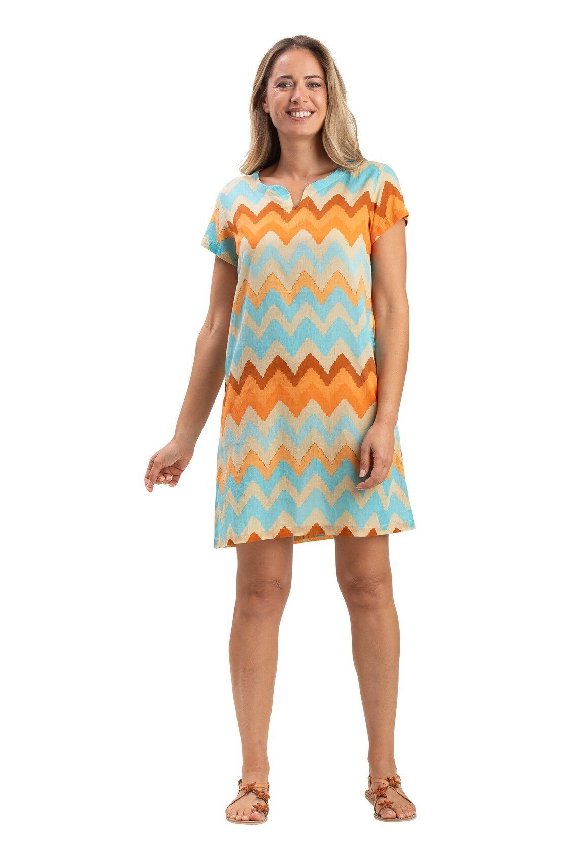 Robe courte "Zig Zag" col V, manches courtes, poches, coton SMLXL