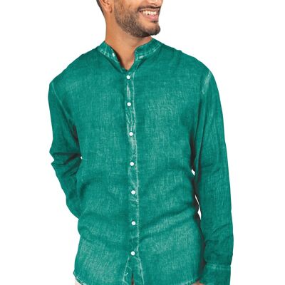 Men's washed emerald tunic, officer collar, long sleeves, cotton, (S, M, L, XL)