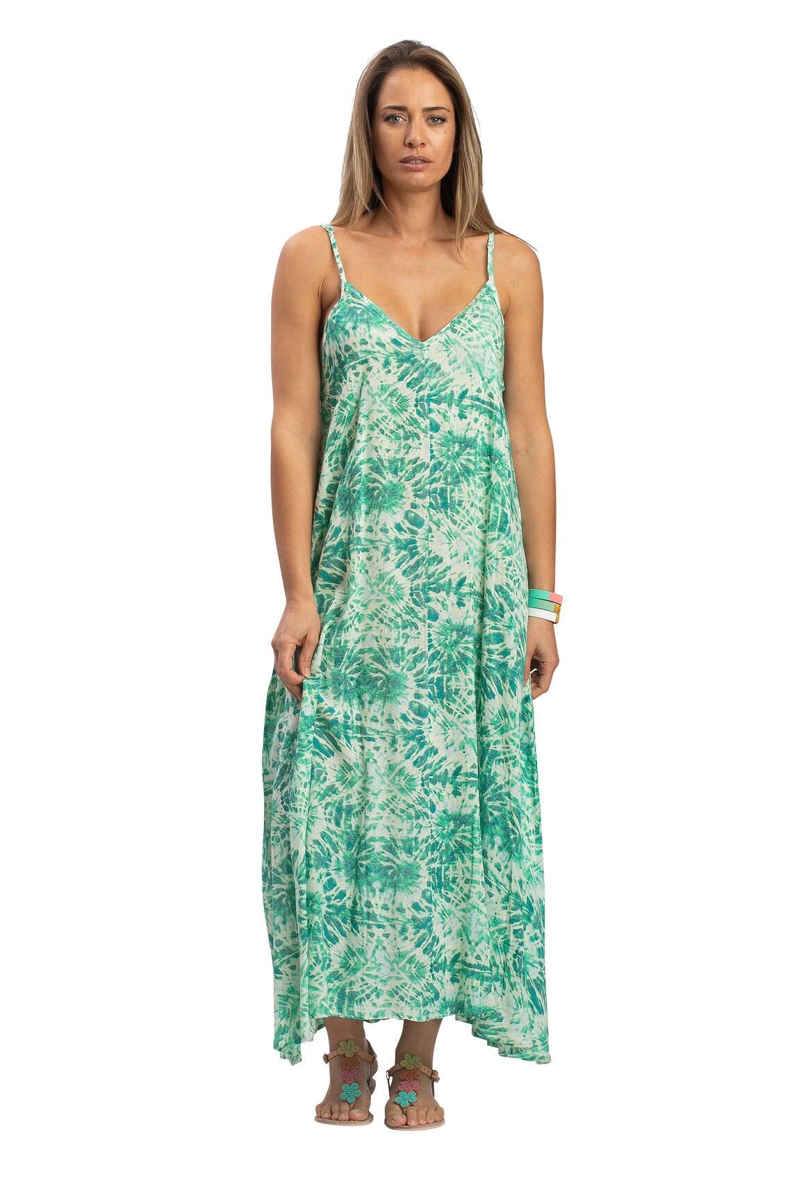 Abito lungo "Vrilles aqua" spalline sottili, scollo a V e schiena, viscosa, SMLXL