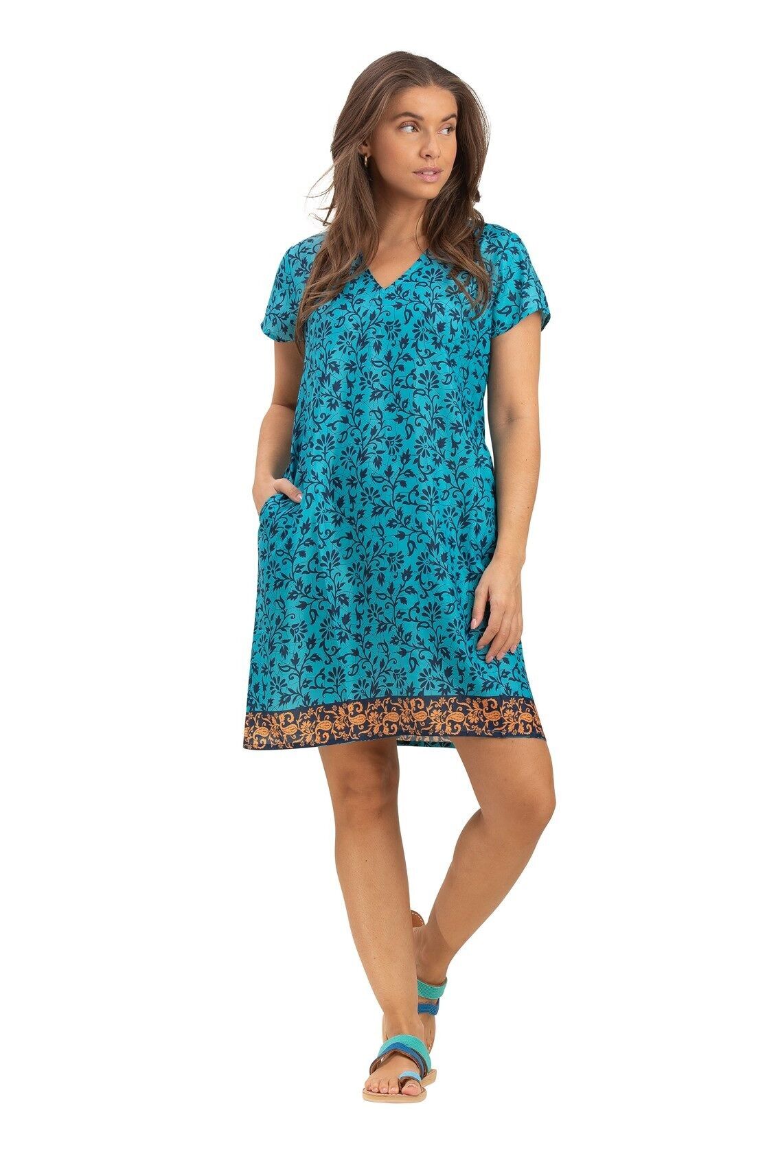 Abito corto "Caribbean Blue Floral", maniche corte, scollo a V, 2 tasche, poliestere, SMLXL