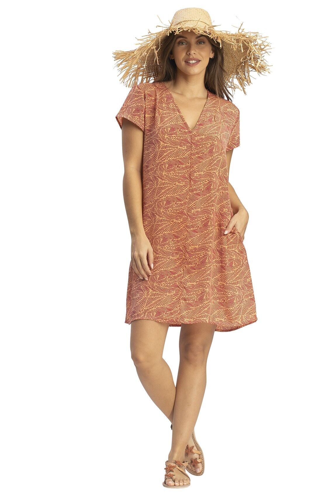 Robe courte "Feuillages ocre",mc,col v, 2 poches, polyester, SMLXL