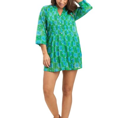 Tunique courte "Fleur Vert Guacamole", toute boutonnée, plis, coton SMLXL