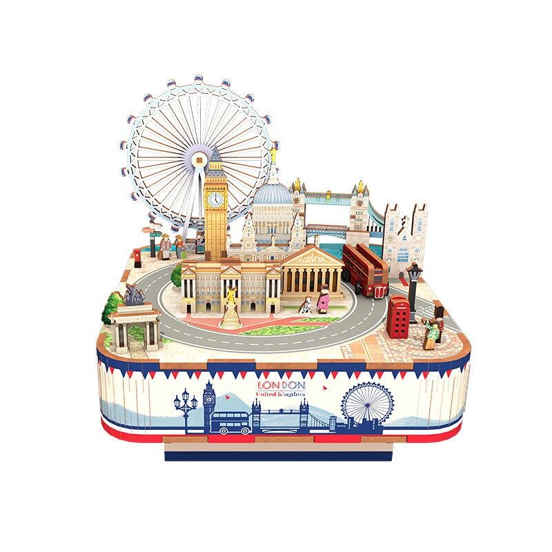 Boîte à musique DIY Puzzle 3D en bois Londres Tone-Cheer, TQ066, 14 x 14 x 14,5 cm