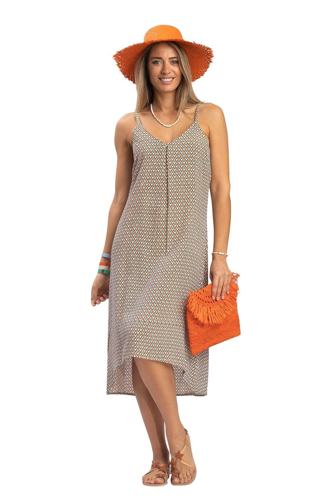 Robe mi-L."Grands losanges orang"col v,fines bretelles,court devant,viscos SMLXL