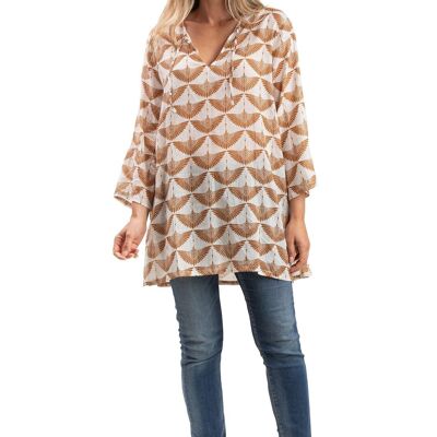 Tunique "Albatross Marron noix de pécan", col avec liens, coton (S,M,L,XL)