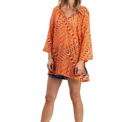 Tunique "Multi bandana Orange crepuscule", col avec liens, coton (S,M,L,XL)