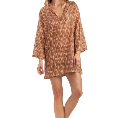 Tunique "Esther Marron noix de pécan", col avec liens, coton (S,M,L,XL)