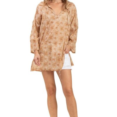 Túnica "Fleur Beige Dulce", cuello con lazos, algodón (S, M, L, XL)