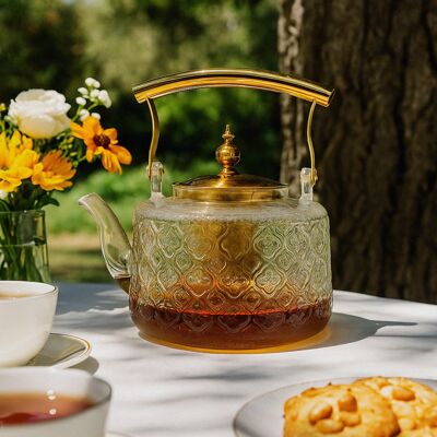 Patterned Borosilicate Glass Teapot With Gold Lid & Handle 1000ml