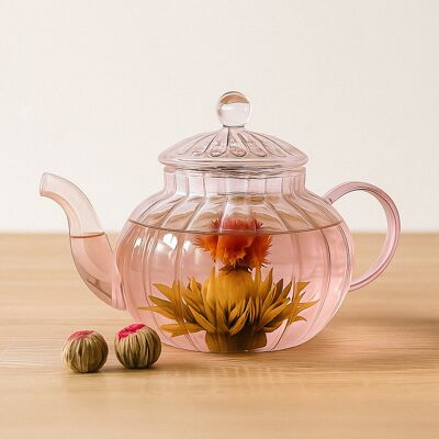 Théière en verre borosilicate rose pâle côtelé 1000 ml