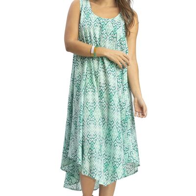 "Jardin Arabesq aqua" mid-length dress with round neck, sleeveless, round hem, cotton SMLXL