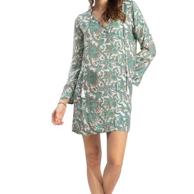 Tunique mi-longue "Indiana acqua/vert", ML, liens pompons,polyester SMLXL
