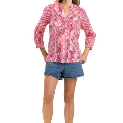 Túnica corta "Maracas de lunares rosas". Cuello Mao, 3 botones, 1 bolsillo en el pecho. Talla S M L XL.