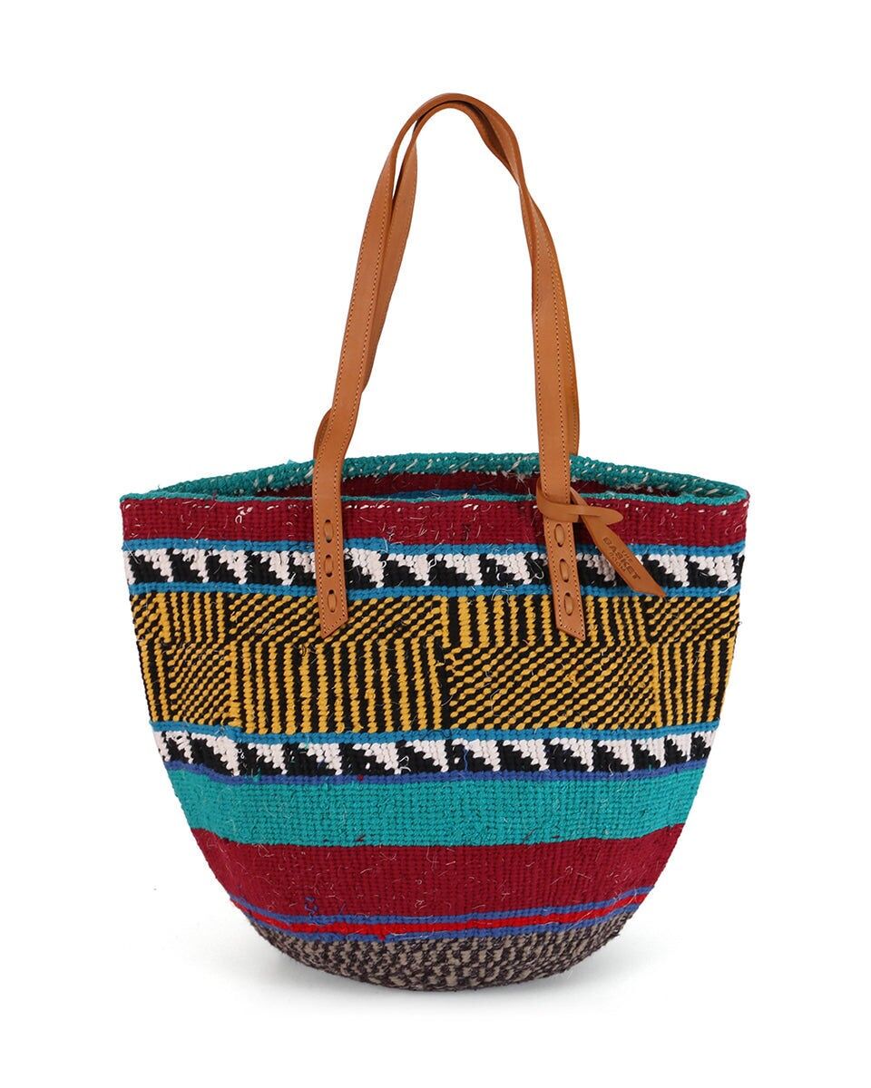 SEBULENI: Borsa tote in lana intrecciata a mano color turchese, bordeaux e giallo