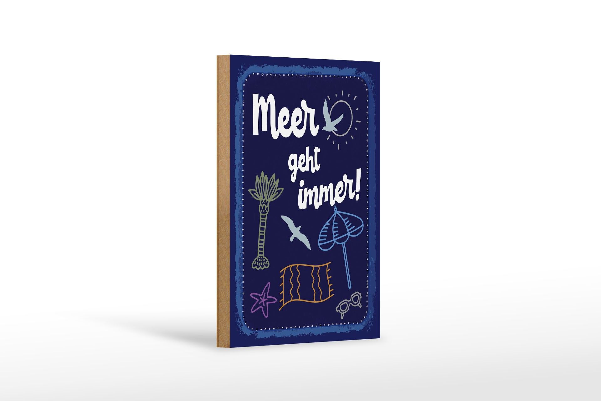 Holzschild Spruch 12x18 cm Meer geht immer Palme Seestern Deko Schild