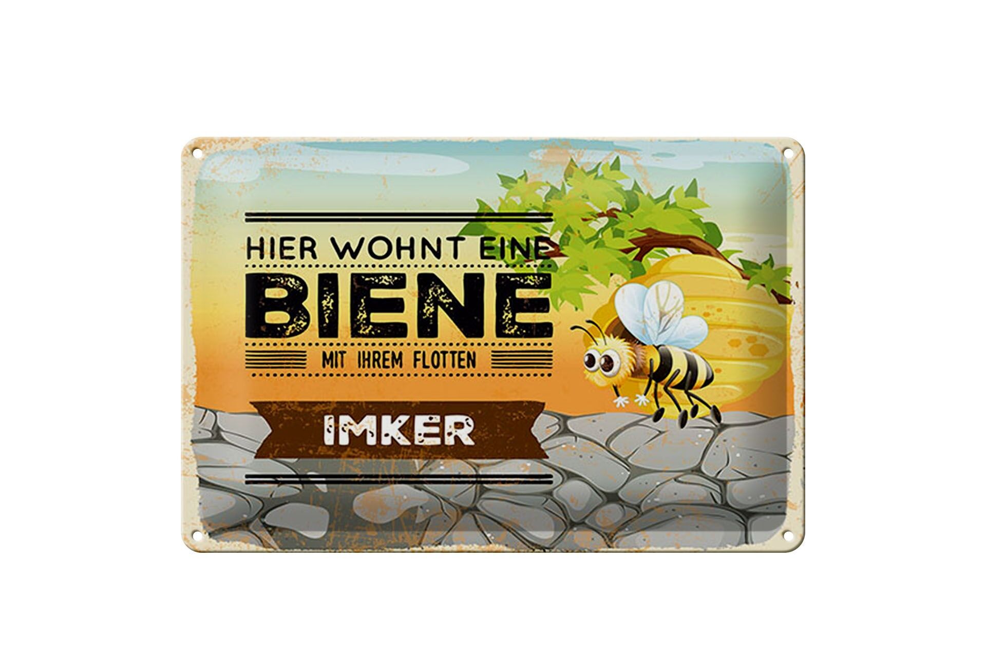 Blechschild Spruch 20x30 cm Hier wohnt eine Biene mit Ihrem flotten Imker