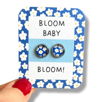 Children's Retro Flower Stud Earrings in white on a blue background - "Bloom baby bloom! "