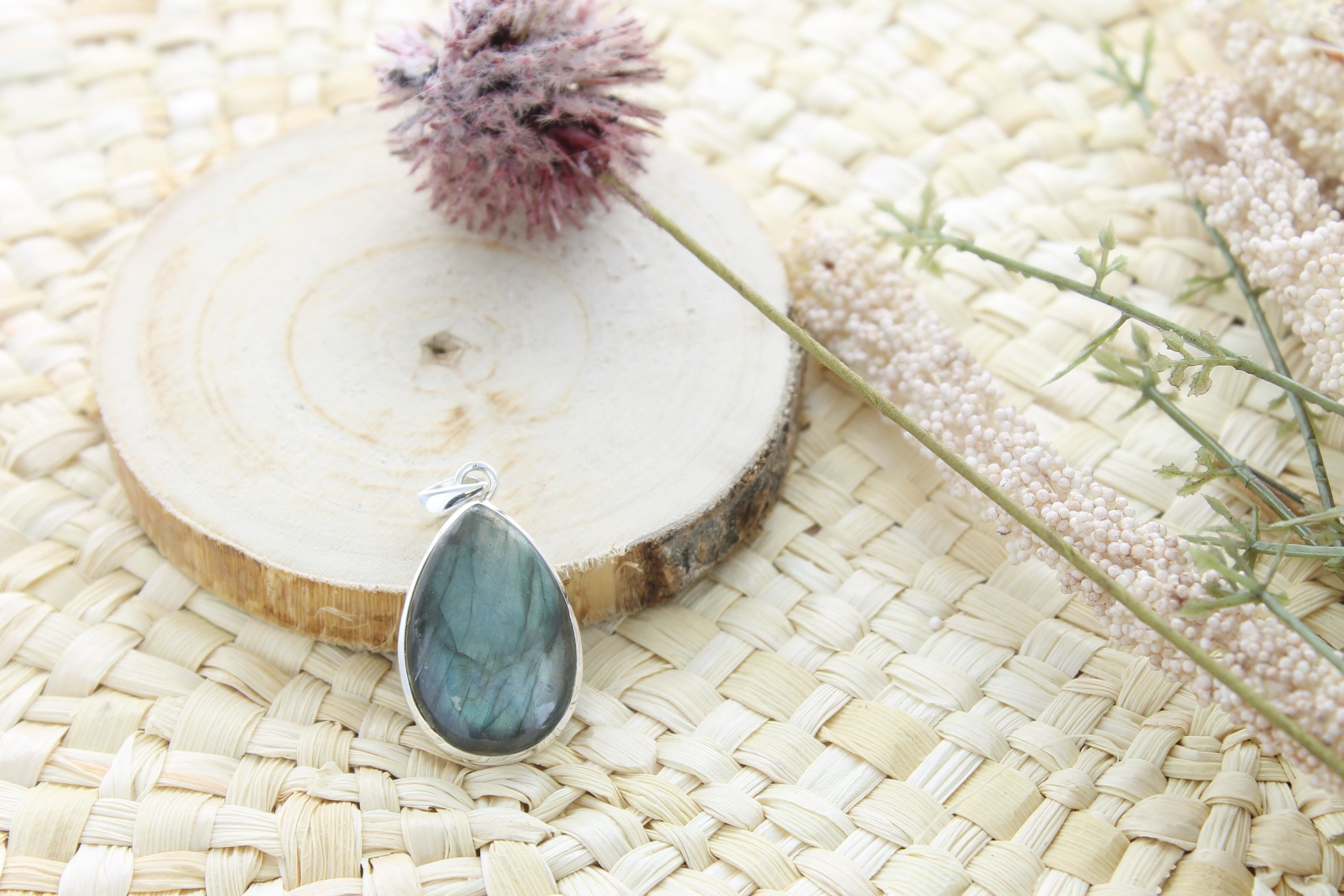 Labradorit Anhänger 925 Silber Tropfenform Großes Modell