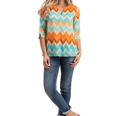 Top "Zi Zag", maniche a 3/4, scollo tondo aperto, cotone, taglia SMLXL