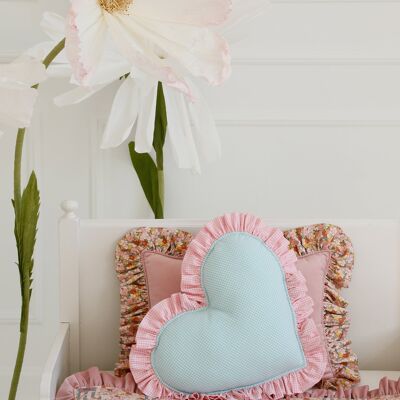 Double-sided Heart pillow with frill “mint garden" Valentine's gift for her, Easter and spring decor, baby shower gift for girl, mum gift
