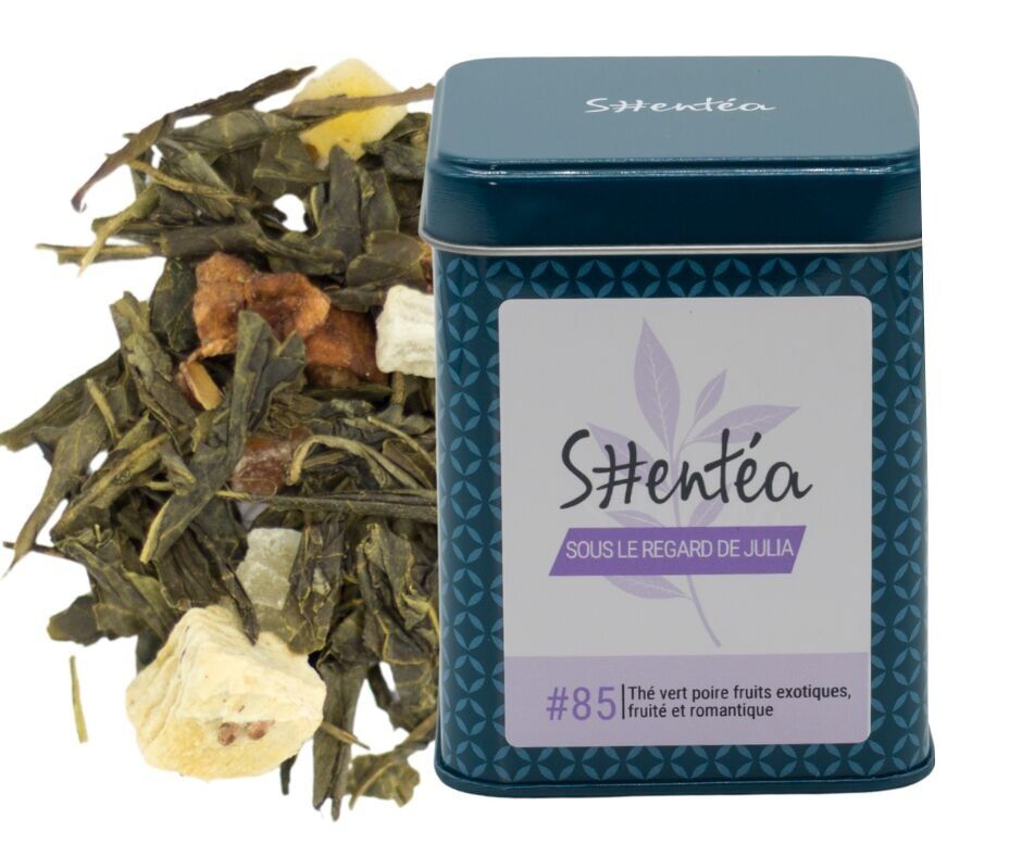 Fruchtiger Grüntee – Birne und exotische Früchte – UNTER JULIAS AUGE – 90 g – Premium-Qualität, lose Teeblätter, Metalldose