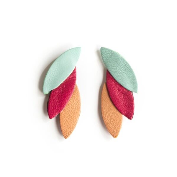 Orecchini a bottone a 3 petali in pelle color acquamarina, rosso vermiglio e giallo alba