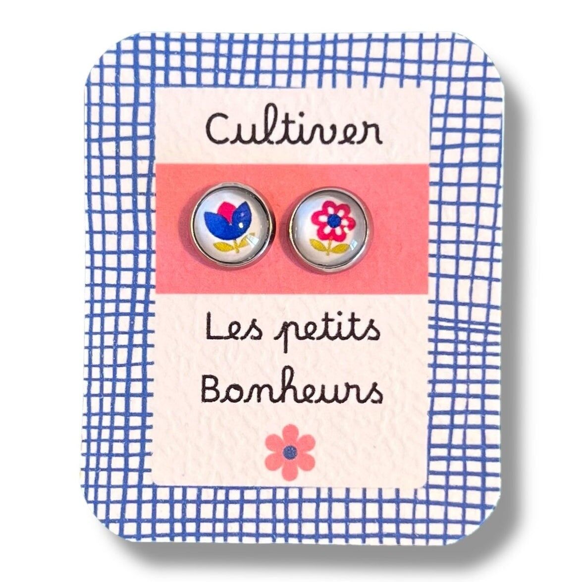 Children's Vintage Pink and Blue Flower Stud Earrings