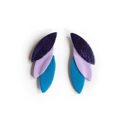 Orecchini a bottone a 3 petali in pelle metallizzata viola, malva e blu anatra