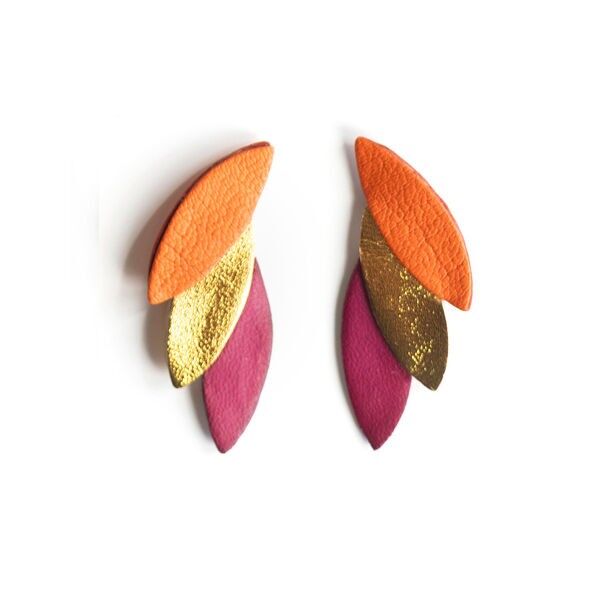 Orecchini a bottone a 3 petali in pelle arancione, oro e bordeaux