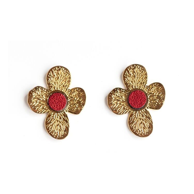 Orecchini a bottone a forma di fiore in acciaio placcato oro e pelle rossa metallizzata