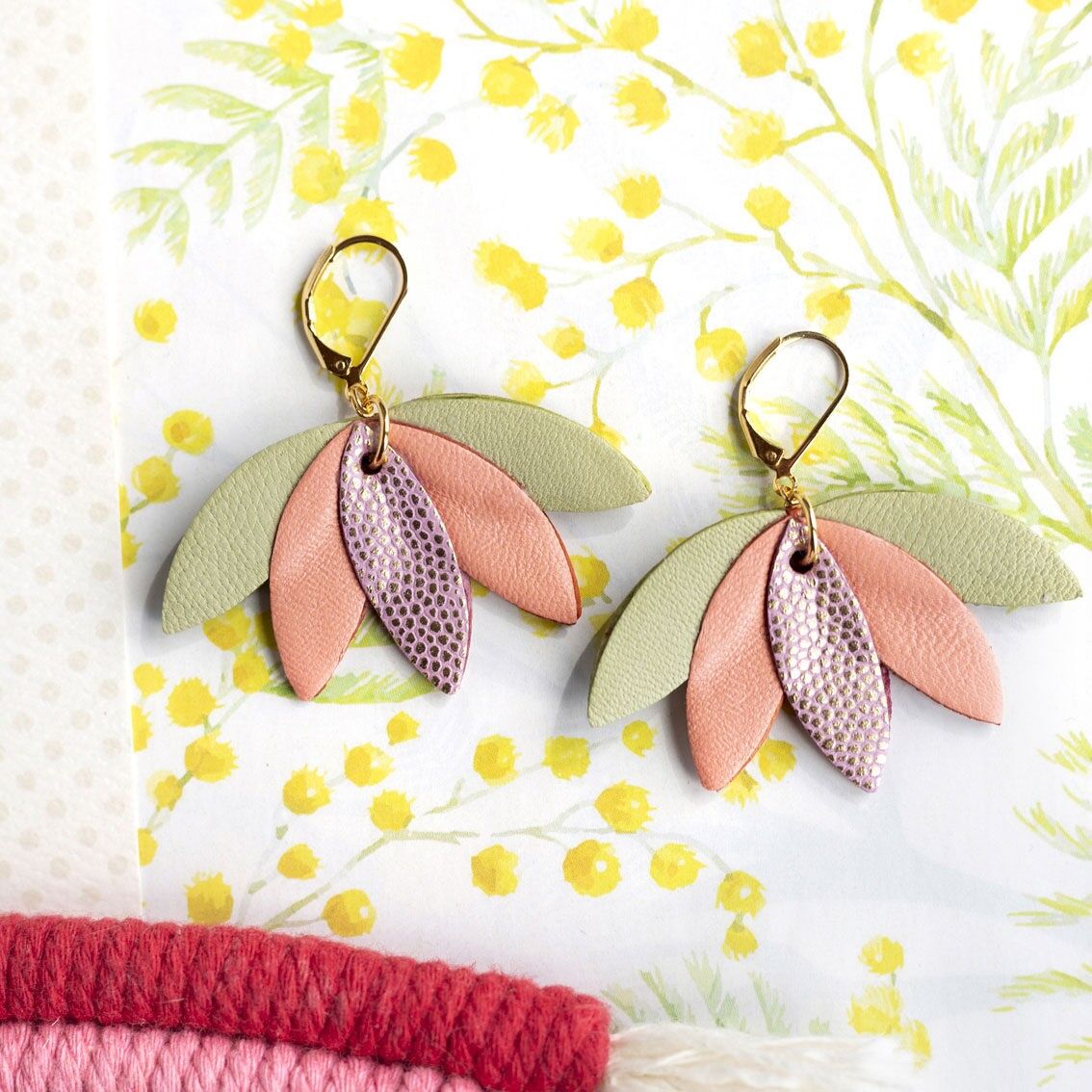 Orecchini Palma - pelle verde pistacchio, rosa arancio, rosa con pois dorati