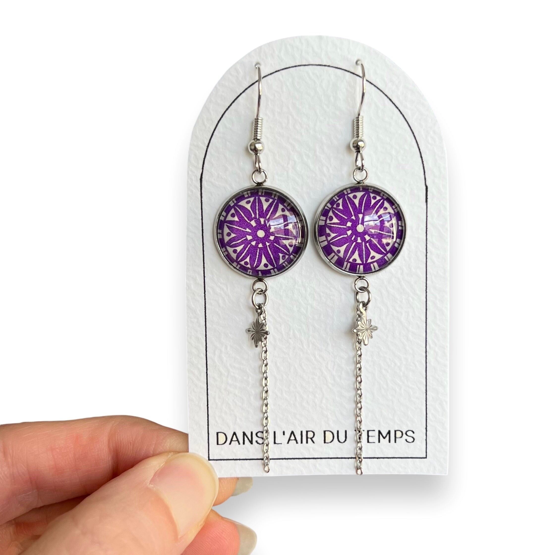 Boucles d'Oreilles Mandala Violettes et chainette finition dorée ou argentée