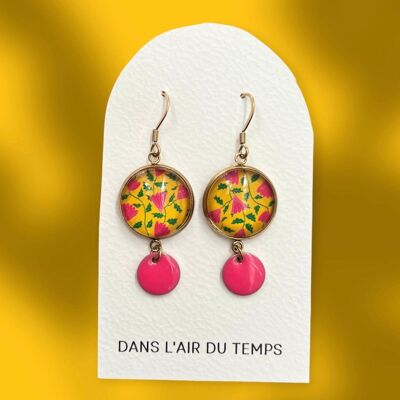 Small Pink Flower Earrings on a Yellow Background, Gold or Silver Finish