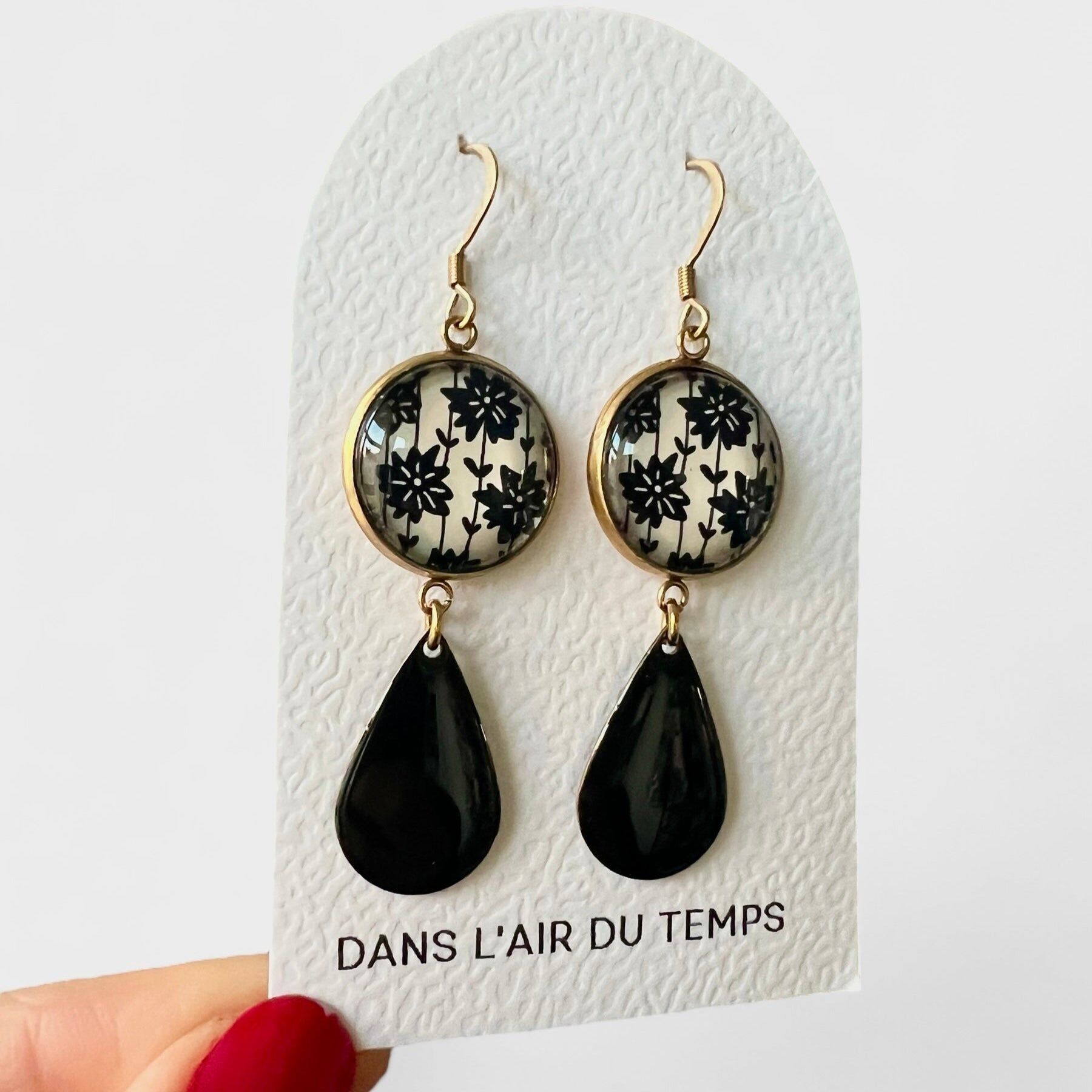 Black and white flower drop earrings, black enamel, gold or silver finish