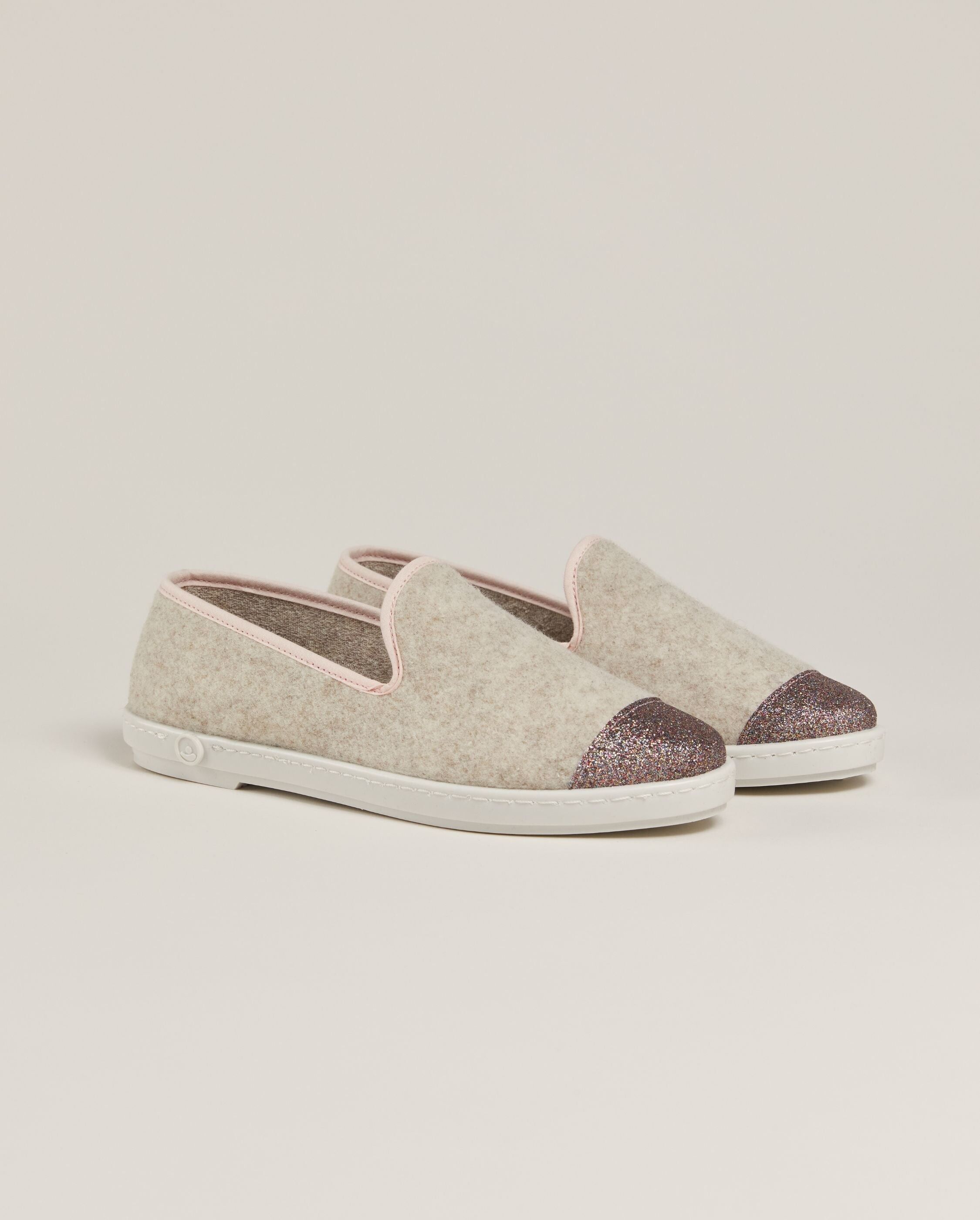 Damen Wollpantoffeln, beige mit bunten Pailletten