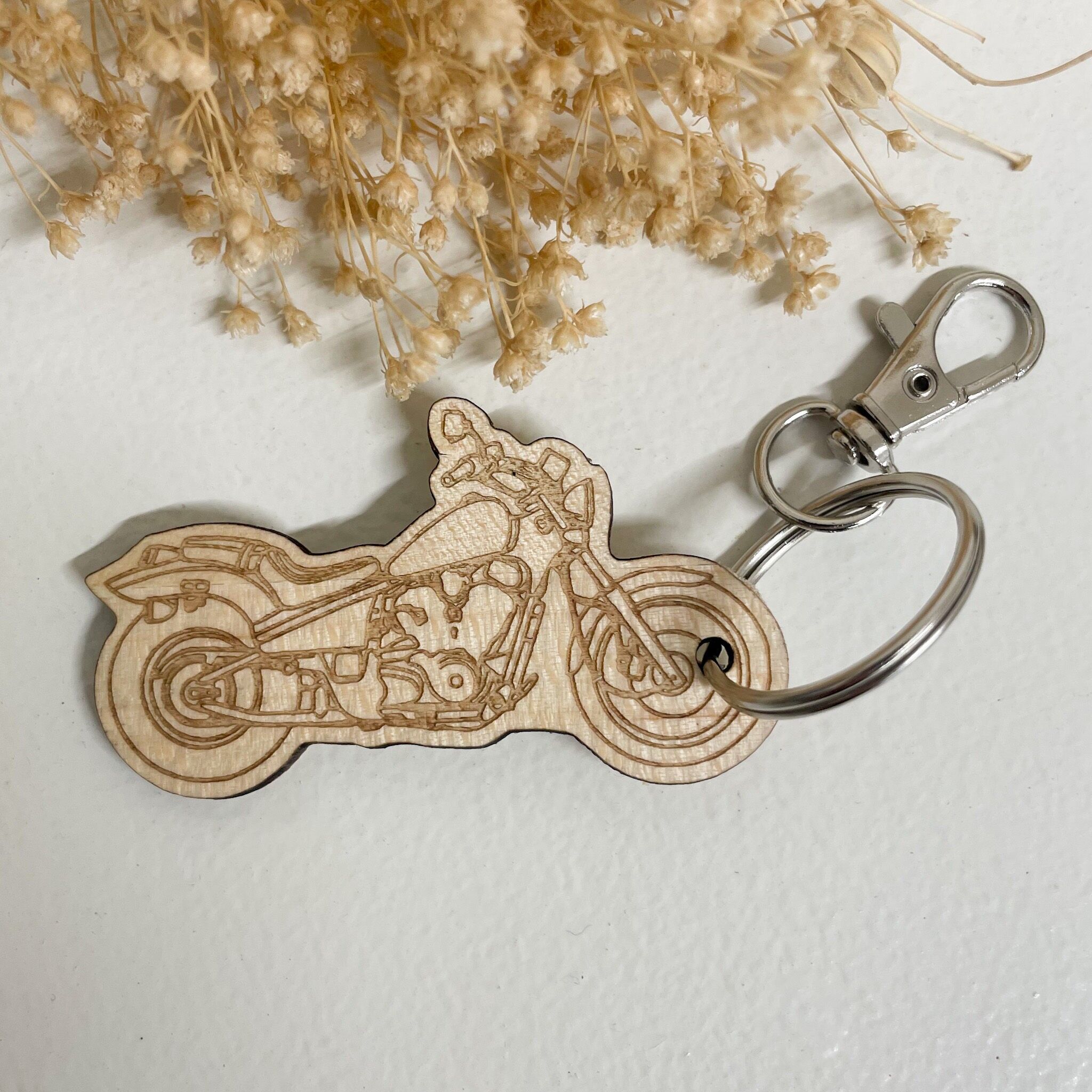 Customizable Harley-style wooden motorcycle key ring